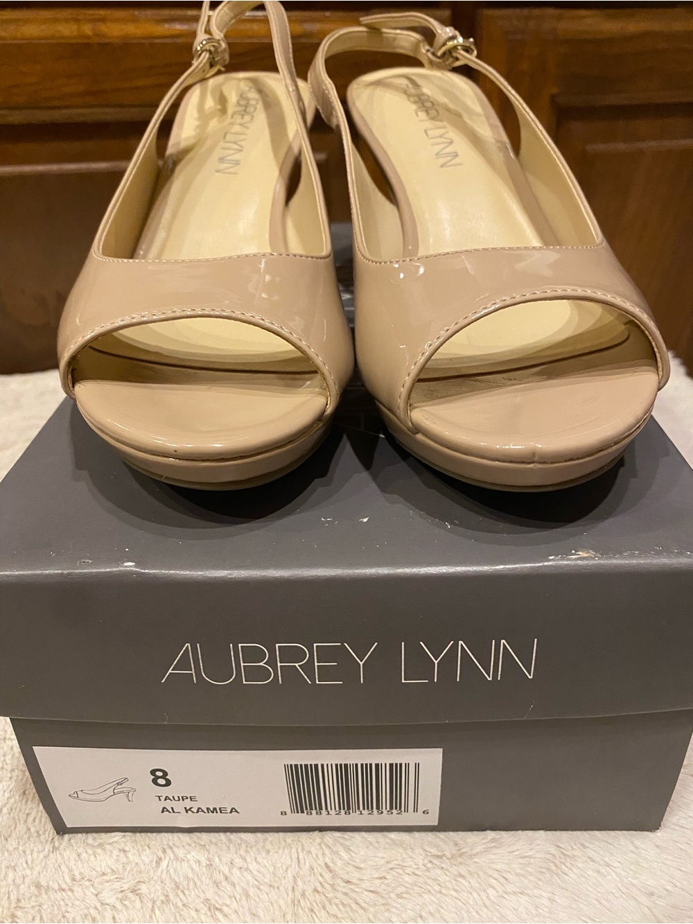 Aubrey Lynn Taupe Patent Platform Slingback Heels